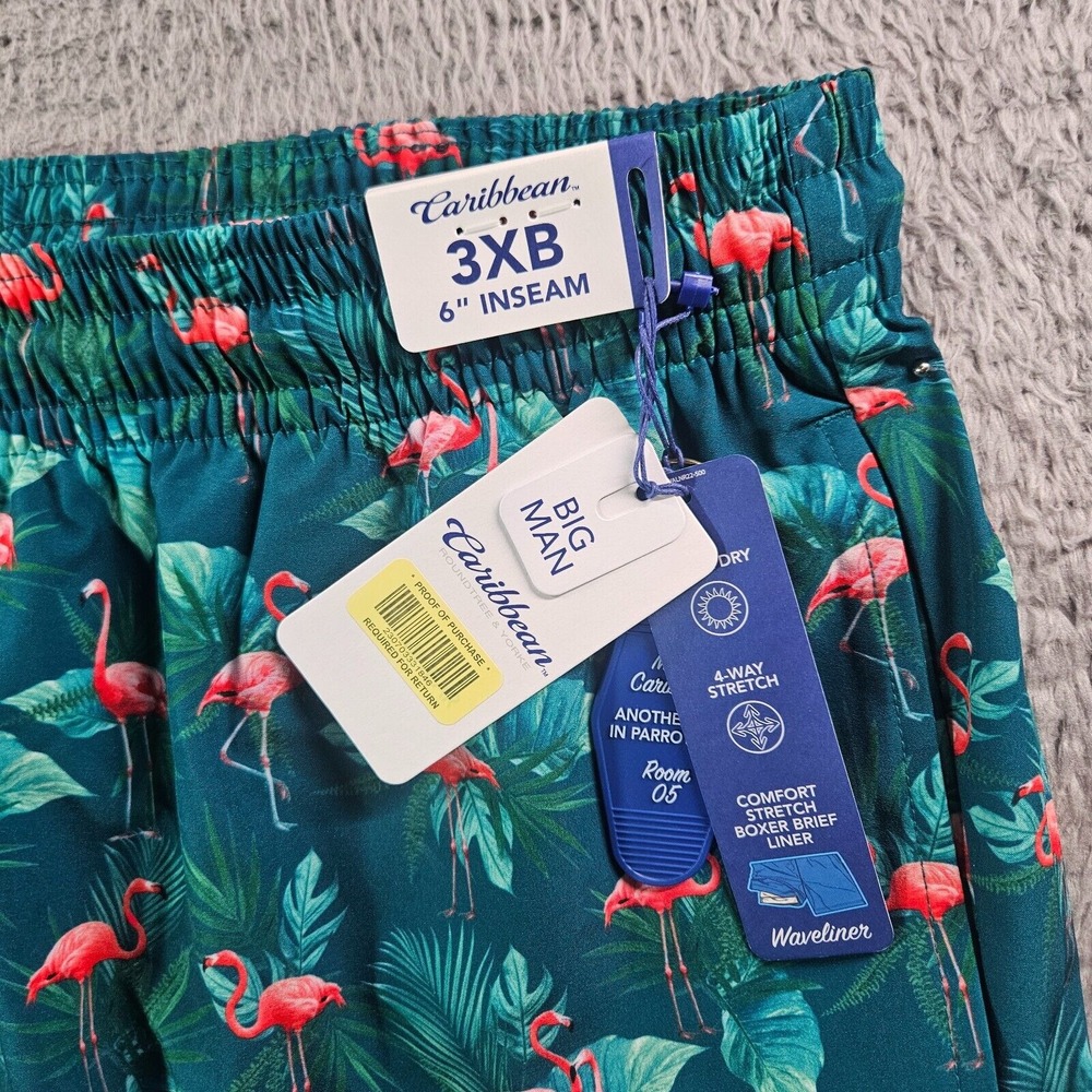 NWT Caribbean Swim Shorts‎ Trunks Men's 3XB Lined Zip Pocket Flamingo Leaf Green